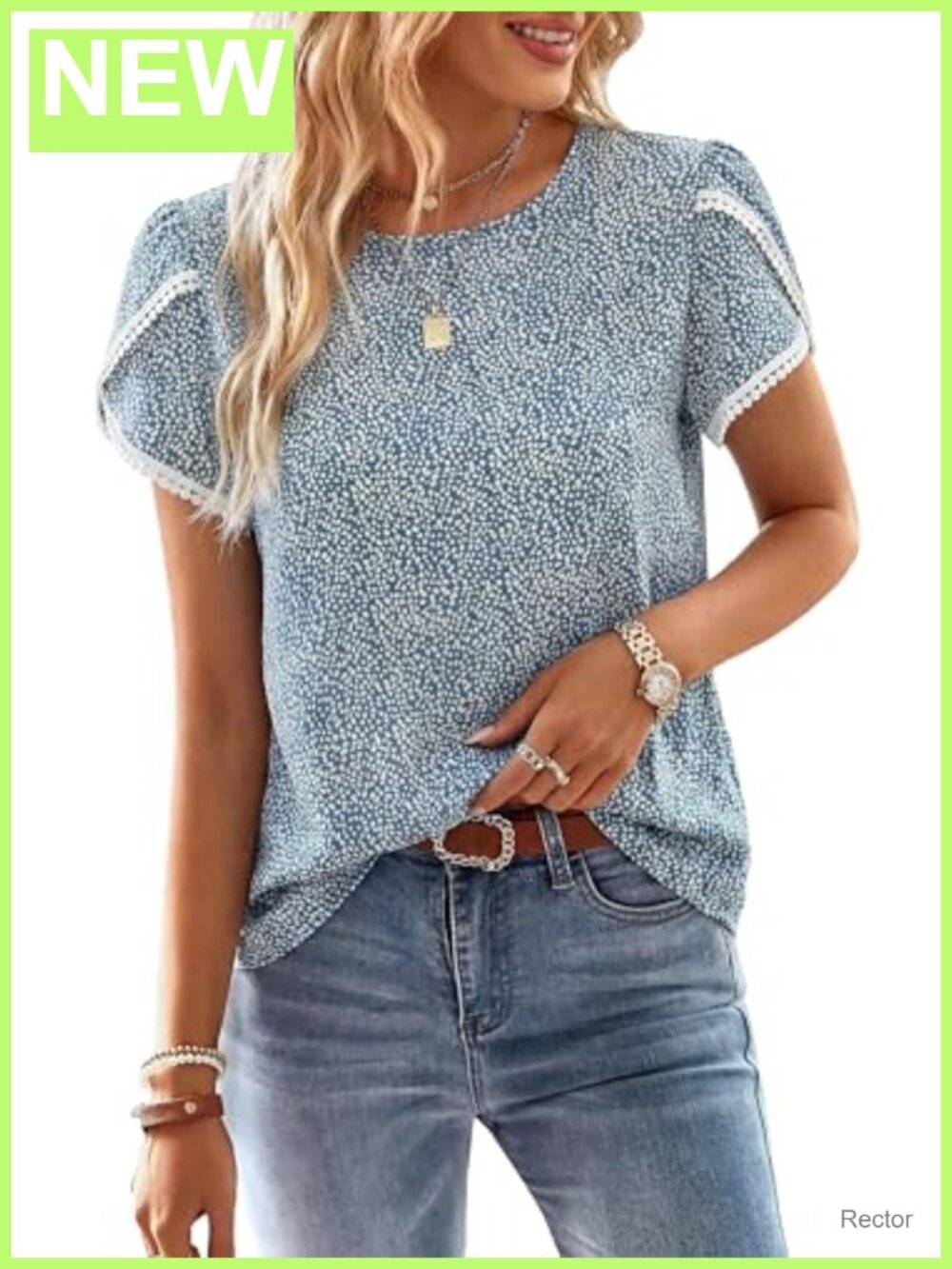 Womens Lace Crochet Floral Boho Tunic Top Petal Sleeve Crewneck Blouse